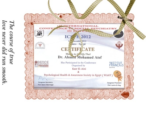 he researcher/ Ahmed Mohammed Atef Azazi, Department of Mental Health at the College was awarded a certificate of appreciation from the Egyptian Association for mental health awareness