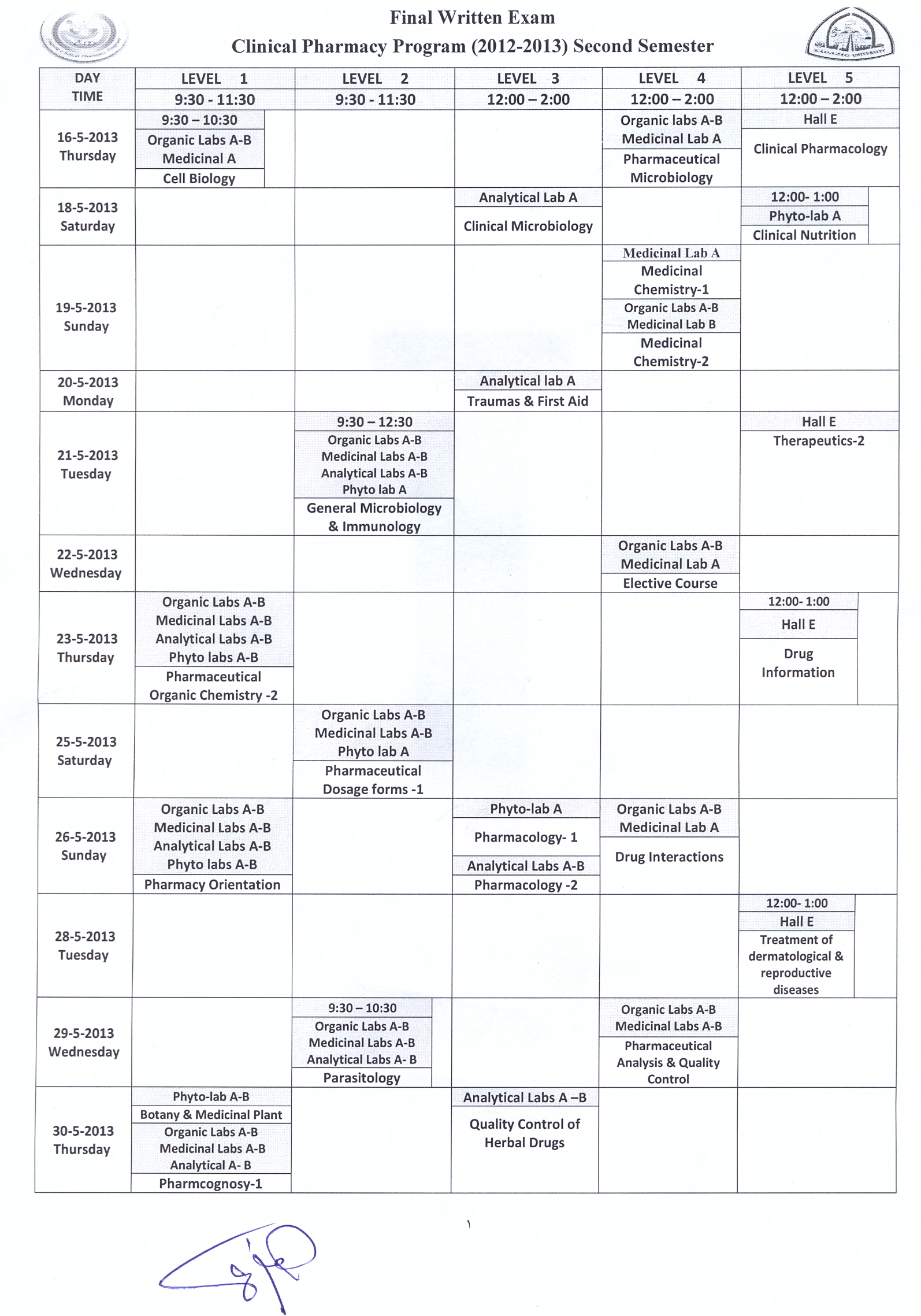 جداول إمتحانات الصيدلة الإكلينكية جميع المستويات الفصل الدراسى الثانى 2013/2012