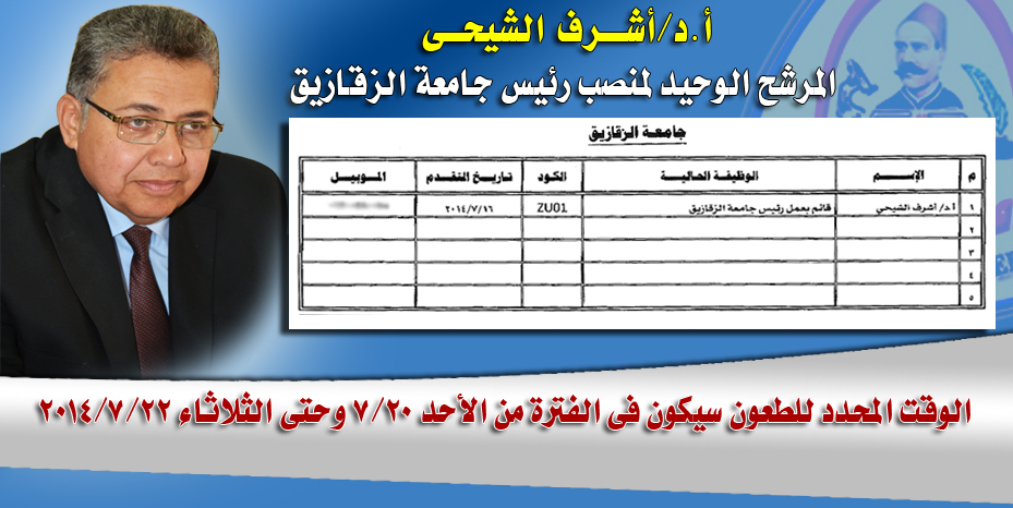 أ.د/أشــــرف الشيحـــى  المرشح الوحيد لمنصب رئيس جامعة الزقازيق