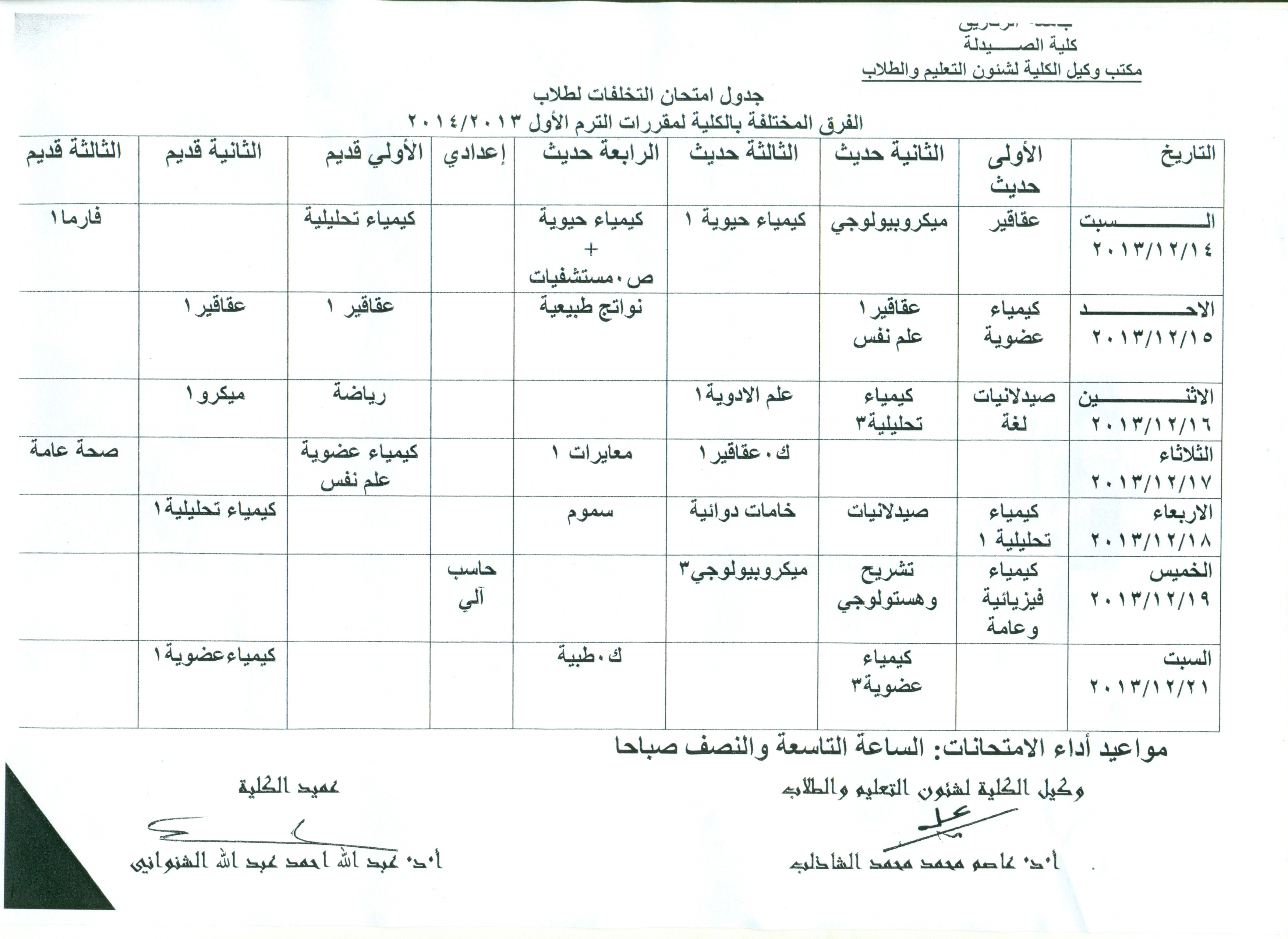 جدول إمتحان التخلفات لطلاب الفرق المختلفة بالكلية لمقررات الترم الأول 2013/2014